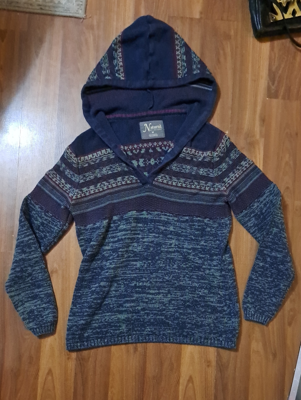 Natural Reflections Navy & Green Hooded V-Neck Sweater